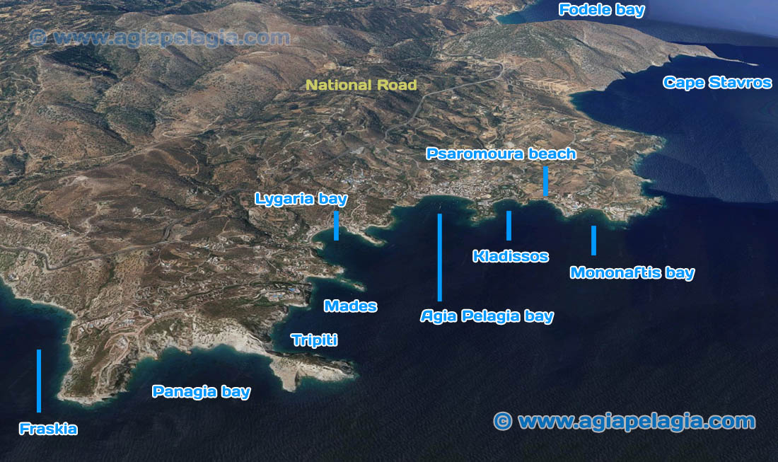 Map of Agia Pelagia Area with all the bays and destinations